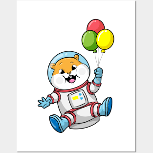 Hamster as an astronaut in costume with balloons Posters and Art